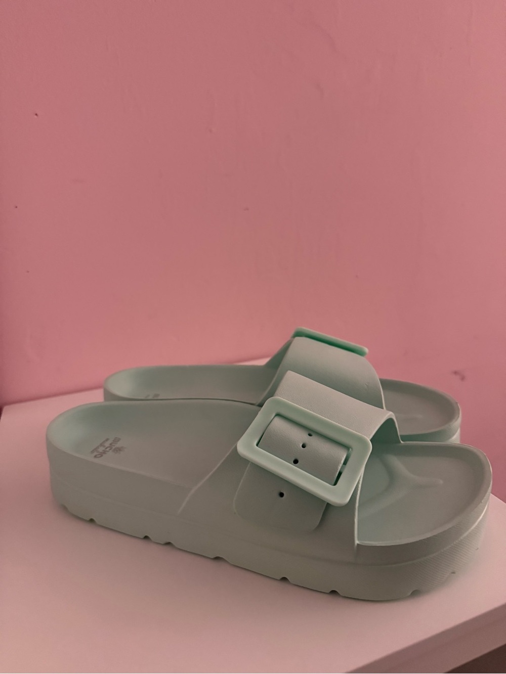 Adjustable Mint Green Slide Sandals with Buckle